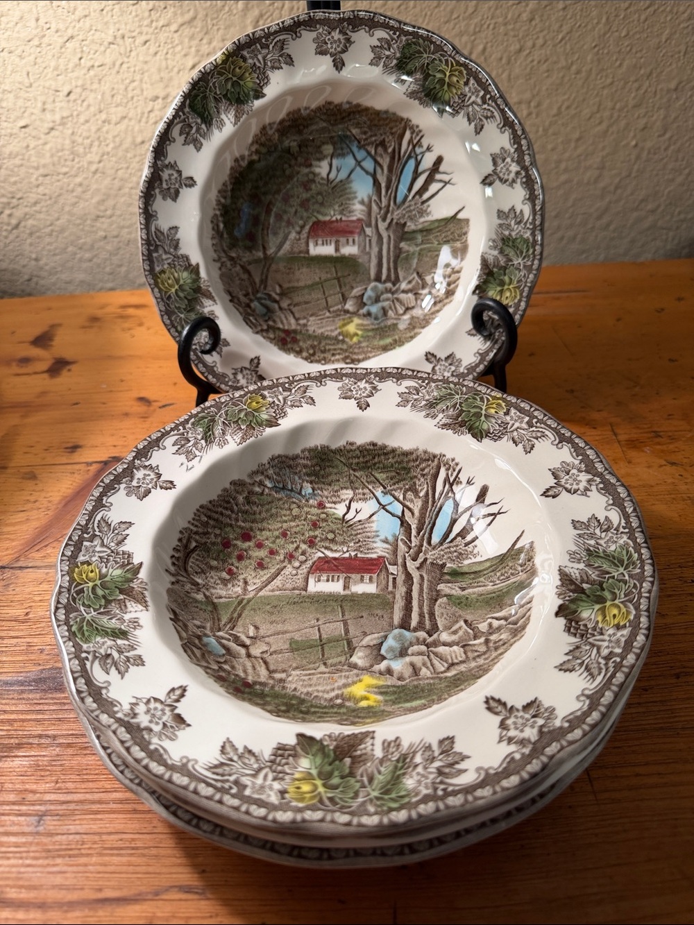 Johnson Bros Friendly Village Soup Bowl - Brown & Cream Scenic Design set of 4
